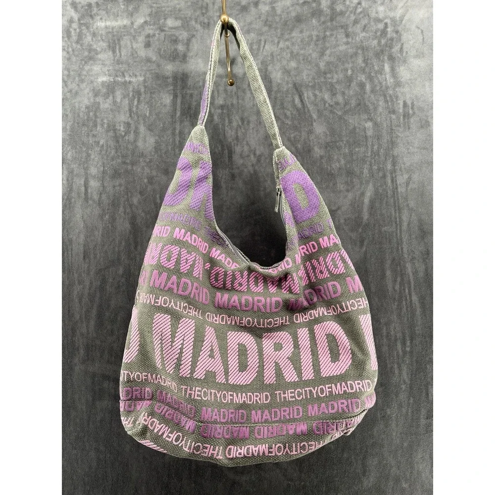 Robin Ruth Madrid Spain Canvas Hobo Shoulder Bag Travel Souvenir Gray Purple